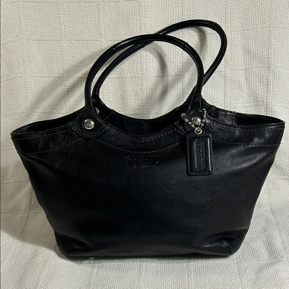 Coach F14383 Bleeker Black Leather Tote with Colorful Striped Interior
